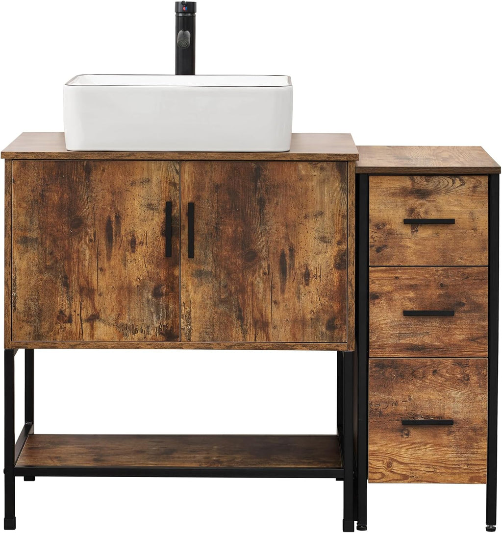 UEV 42' Rustic Brown Bathroom Vanity with Sink Combo,Industrial Iron Frame Bathroom Cabinet Sets with 3 Drawers Side Cabinet,Modern Artistic Ceramic Vessel Sink(031WH)