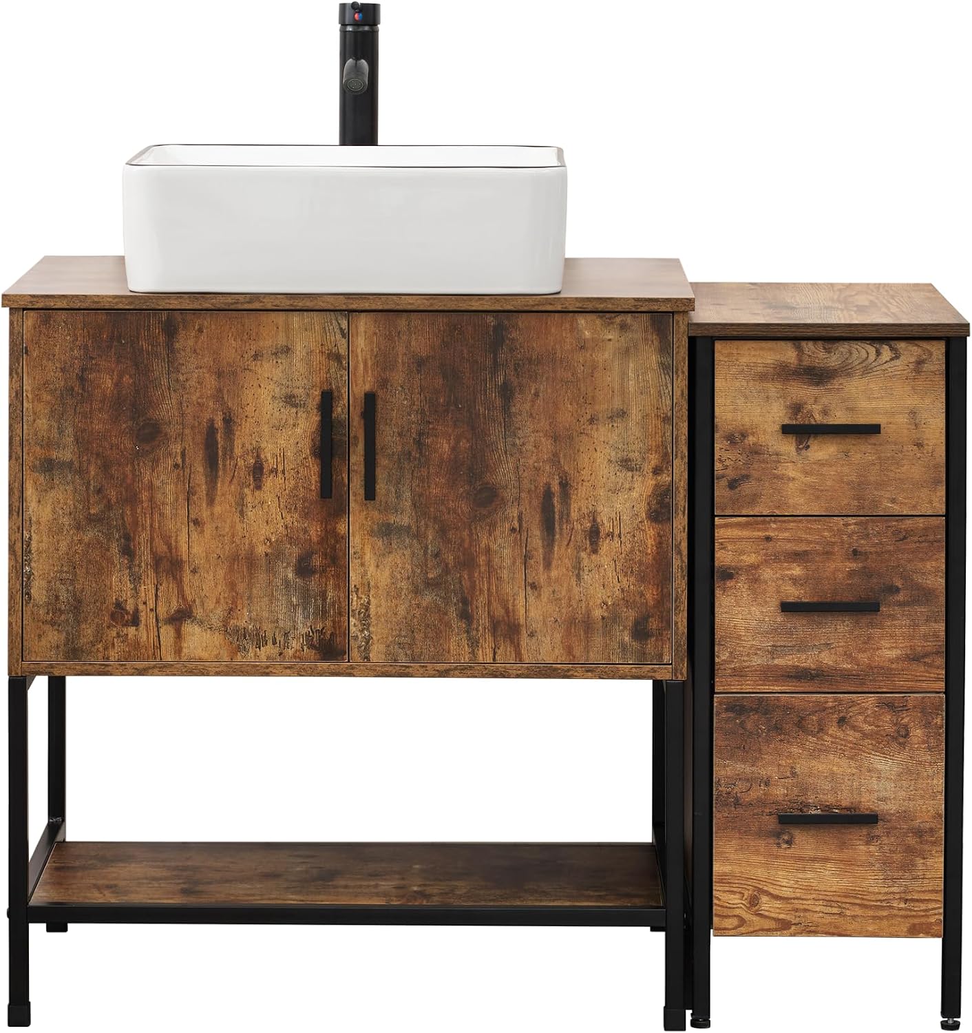 UEV 42' Rustic Brown Bathroom Vanity with Sink Combo,Industrial Iron Frame Bathroom Cabinet Sets with 3 Drawers Side Cabinet,Modern Artistic Ceramic Vessel Sink(031WH)