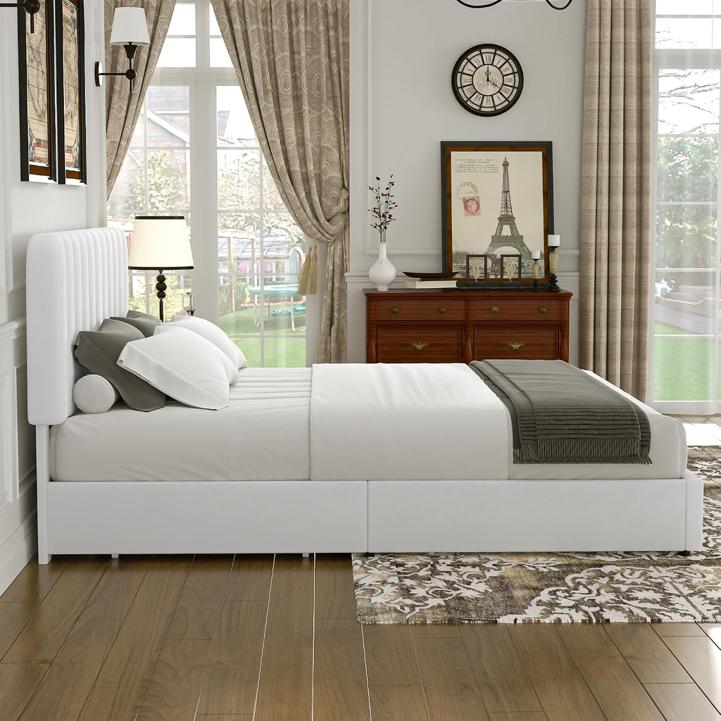 VECELO Queen Size Upholstered Bed Frame with 4 Drawers and Headboard, Velvet Platform Storage Bedframe, Wooden Slats Support, No Box Spring Needed,White