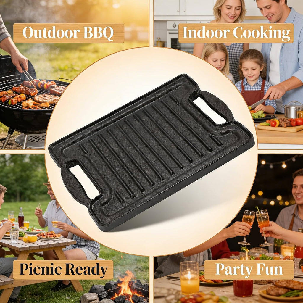 Cast Iron BBQ Grill Plate Rectangular, Thickened Even Heating Griddles for Meats Vegetables - Durable Heat, Multipurpose Cooking, Ideal for Outdoor and Indoor Use