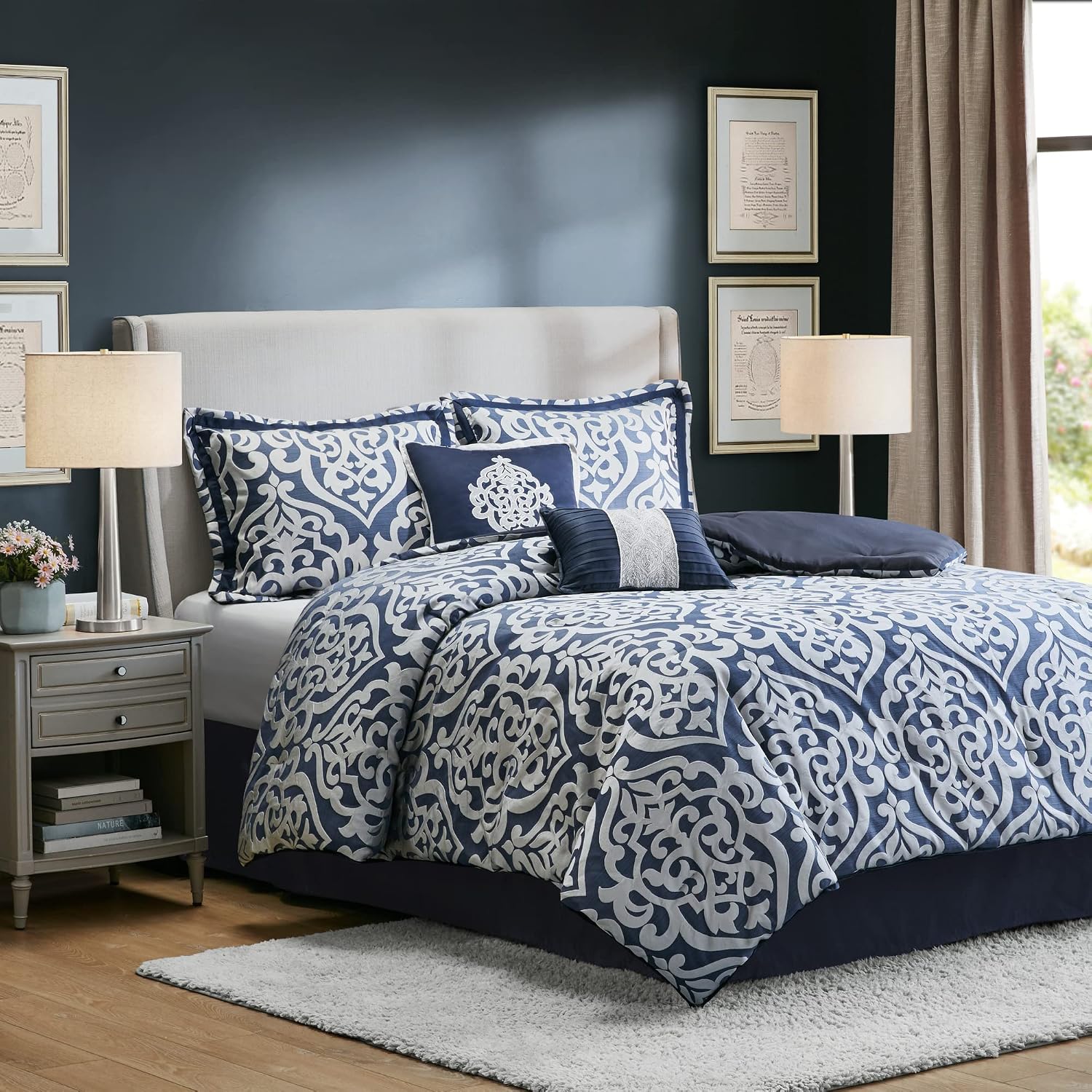 Madison Park Tesla Cozy Comforter Set Jacquard Damask Medallion Design - All Season Down Alternative Bedding, Shams, Bedskirt, Decorative Pillows, King, Navy 6 Piece