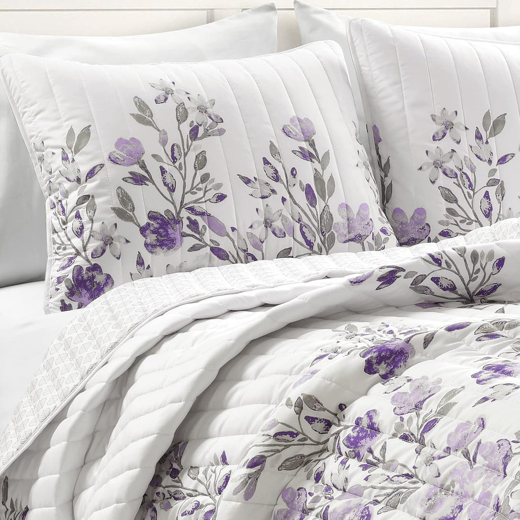 Lush Decor Tanisha Reversible Floral Quilt Set, 5 Piece Set, King, Gray & Purple - Elegant Floral Bedding Set - Purple Lavender Quilt - Beautiful Flower Print - Modern Farmhouse & Cottage Home Decor