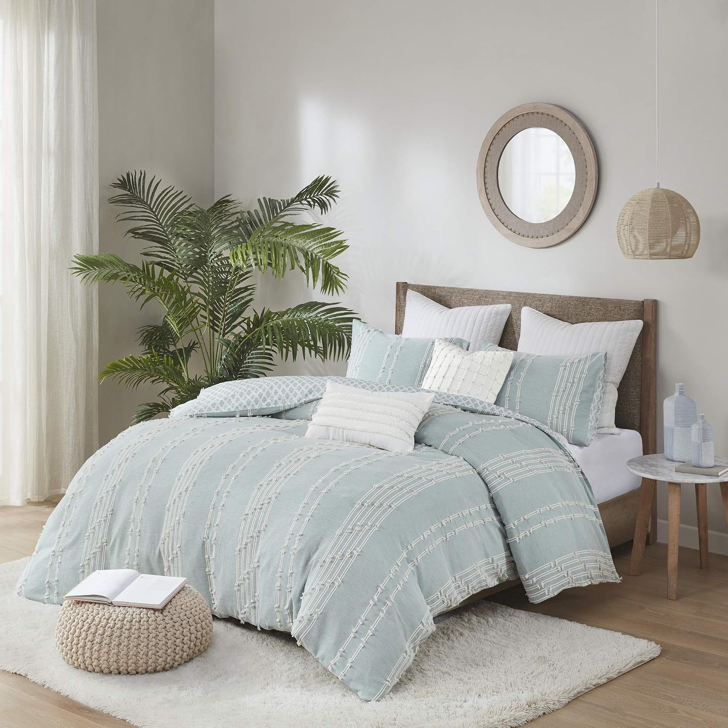 INK+IVY Cotton Duvet Cover Queen Size - 100% Cotton Duvet Cover Set, Boho Bedding Set for All Seasons Farmhouse Bedding Duvet & Sets with 2 Pillowcase, Jacquard Stripes, Aqua 3 Piece Full/Queen