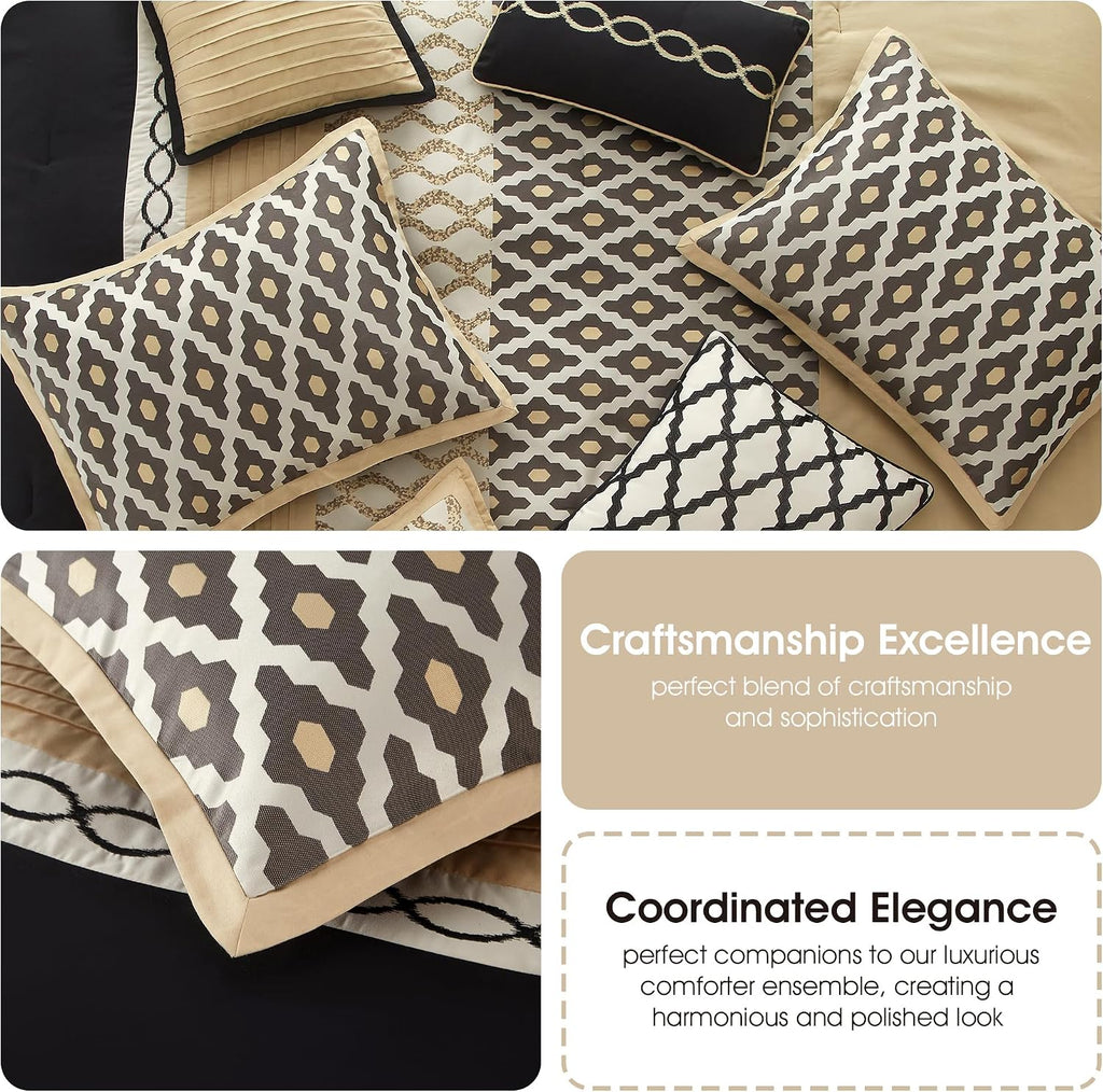 Stratford Park Geometirc King Black Gold Comforter Set, 10 Piece, Jacquard Bedding Comforters & Sets, Bedskirt, Pillows & Shams,