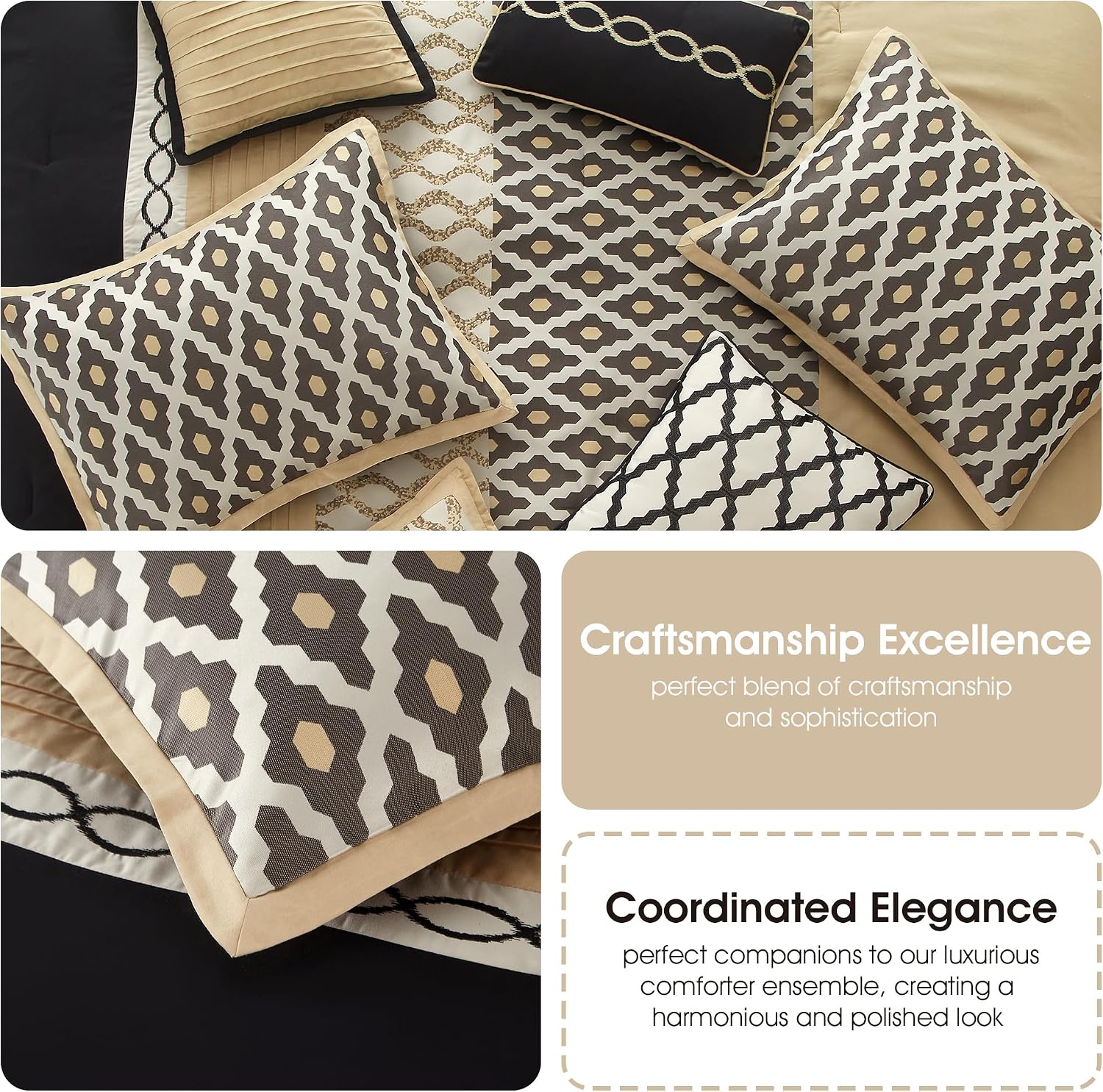 Stratford Park Geometirc King Black Gold Comforter Set, 10 Piece, Jacquard Bedding Comforters & Sets, Bedskirt, Pillows & Shams,