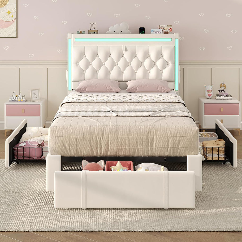 BTHFST Twin Upholstered LED Bed Frame with 3 Drawers, Velvet Hidden Storage Headboard with Charging Station, Button Tufted Headboard Princess Girl Twin Bed, No Box Spring Needed, Beige
