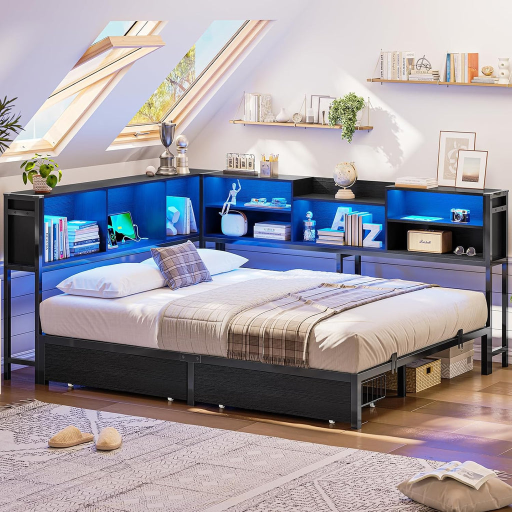 Hasuit Corner Bed Frame Full with 2 Drawers and Storage Bookcase, Daybed with Charging Station and LED Lights, Metal Platform Bed with Bookshleves, Full Size Bed Frame for Kids Teens Guests, Black