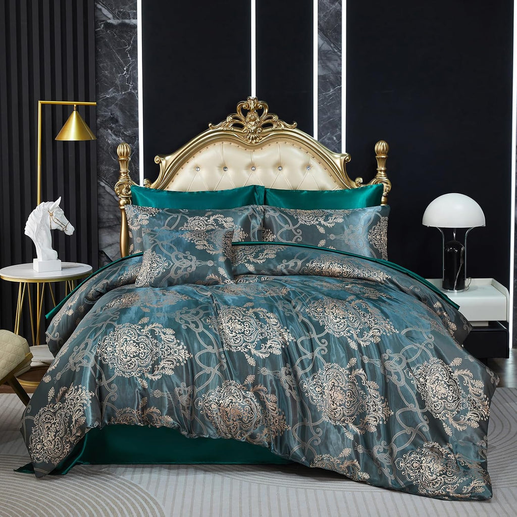 Green Jacquard King Comforter Set Sheet Set Elegant Bedding Set 8 Pcs Embroidery Neoclassical Floral Pattern Bed Home Decor Soft Down Comforter Luxury Hotel Silky Bed in a Bag with 1 Cushion Cover