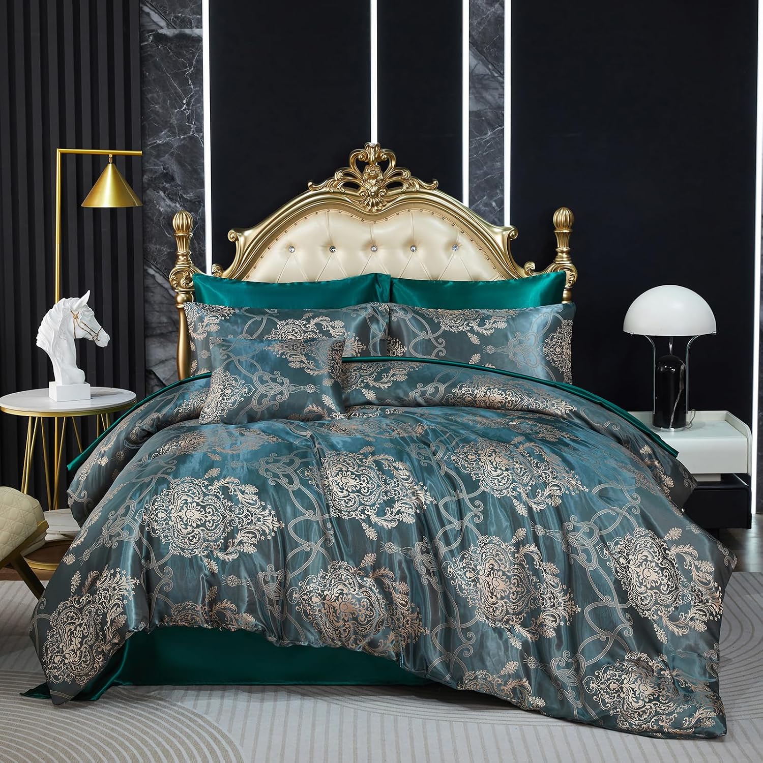 Green Jacquard King Comforter Set Sheet Set Elegant Bedding Set 8 Pcs Embroidery Neoclassical Floral Pattern Bed Home Decor Soft Down Comforter Luxury Hotel Silky Bed in a Bag with 1 Cushion Cover