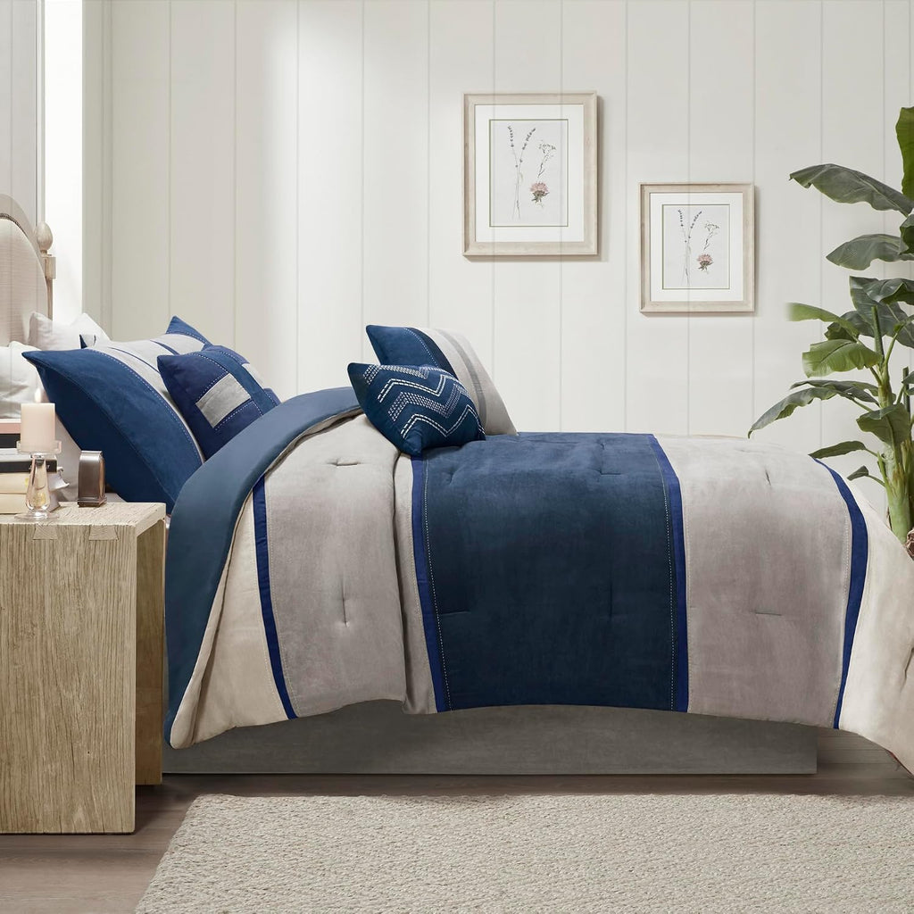Madison Park Palisades Comforter Set Modern Faux Suede Pieced Stripe Design, All Season Down Alternative Cozy Bedding with Matching Shams, Decorative Pillows, King(104'x92'), Blue 7 Piece