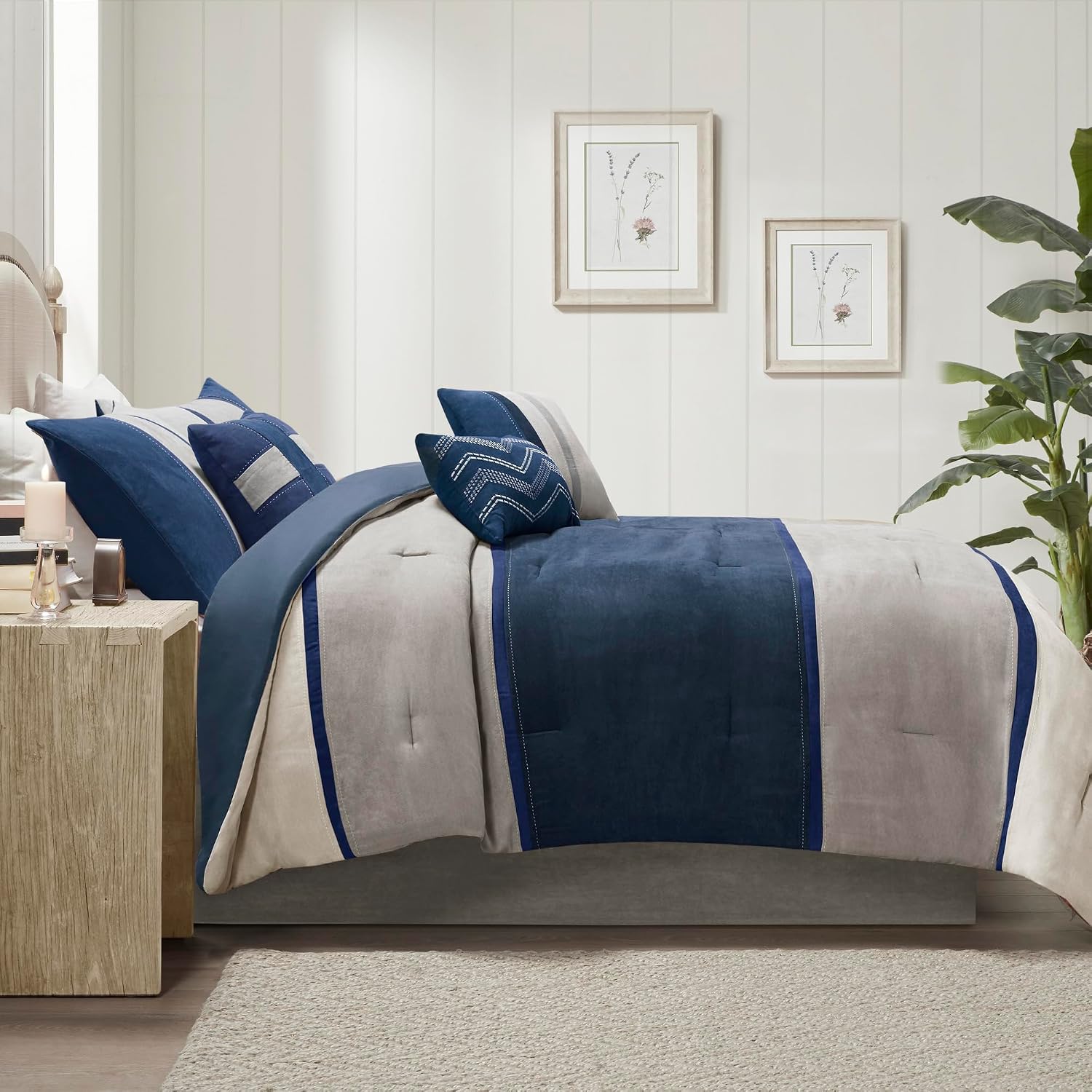 Madison Park Palisades Comforter Set Modern Faux Suede Pieced Stripe Design, All Season Down Alternative Cozy Bedding with Matching Shams, Decorative Pillows, Cal King(104'x92'), Blue 7 Piece