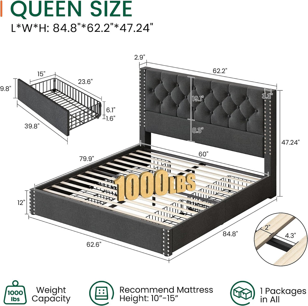 LARMACE Queen Size Bed Frame with 4 Storage Drawers and Tufted Headboard Linen Upholstered Platform Bed Frame with Heavy Duty Wood Slats, No Box Spring Needed, Easy Assembly, Grey