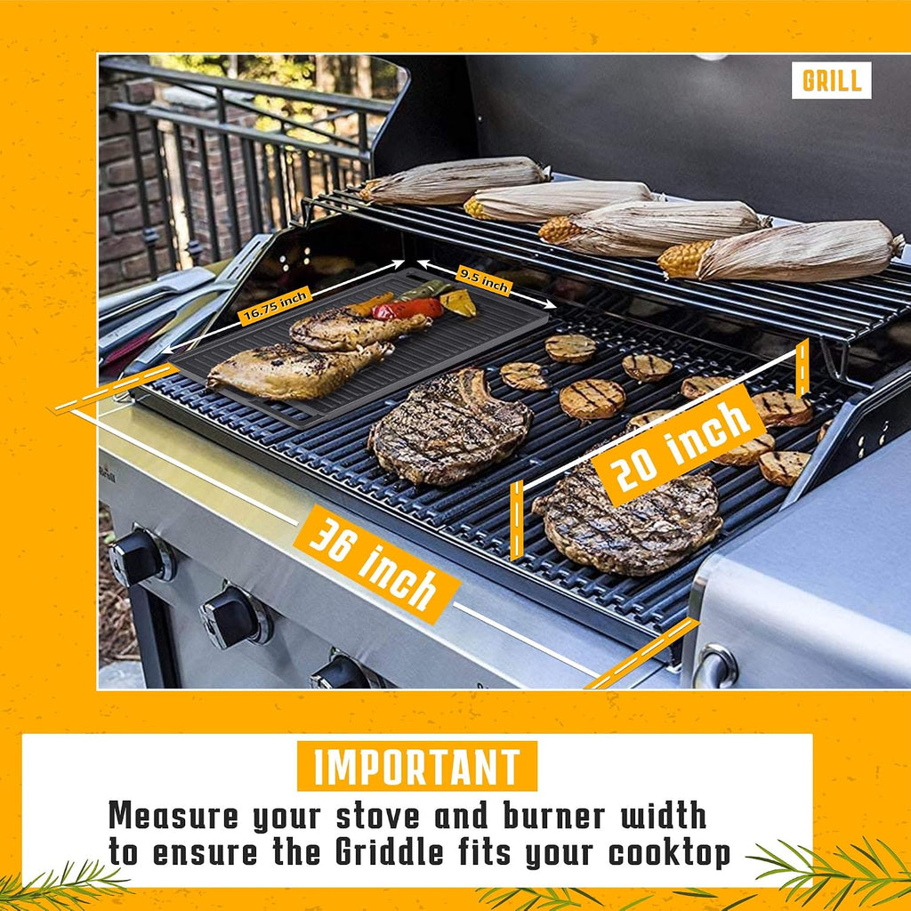 HeroFiber Cast Iron Reversible Grill/Griddle Set with Press, Scraper & Mitts - Pre-Seasoned, Non-Stick - 16.75'' x 9.5'' - Gas Stove, Grill, Camping, Outdoors, Black, OG7-18