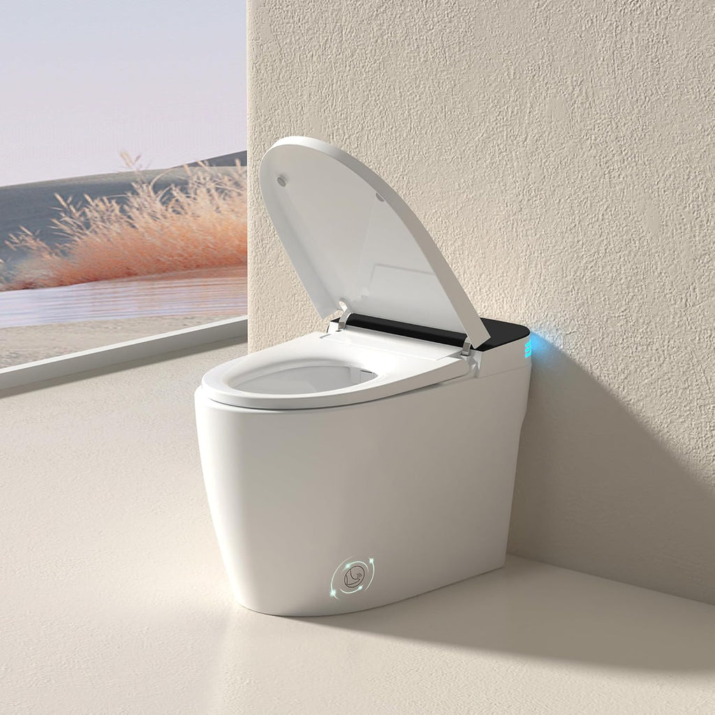 Smart Bidet Toilet Heated Seat, ADA Chair Height, Built-in Foam Sheild, AUTO Dual Flush, Auto Open & Close, Movement Drying, Temperature Adjustable, Night Light-White