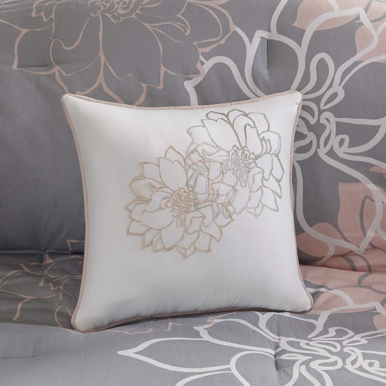 Madison Park Sateen Cotton Comforter Set, Breathable, Soft Cover, Modern Print, All Season Down Alternative Cozy Bedding with Matching Shams, Floral Taupe Grey/Peach, King 7 Piece