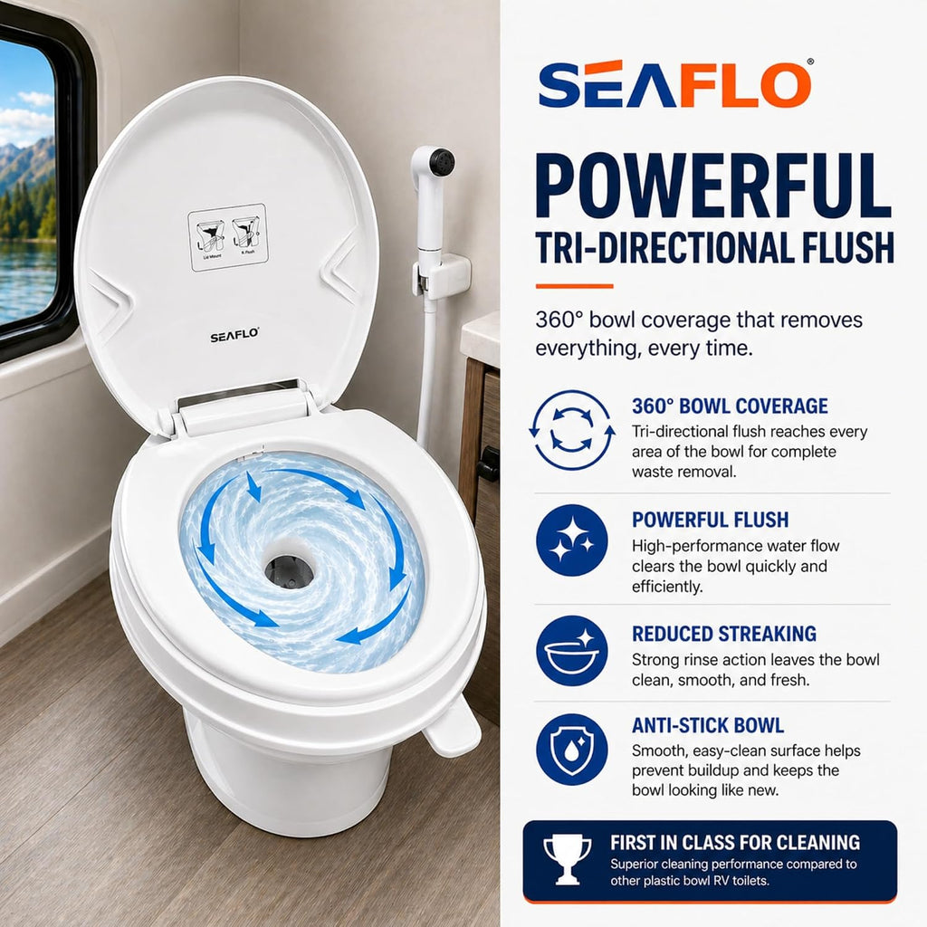 SEAFLO RV Toilet with Sprayer Attachment - White, 18.4' Residential Height, Gravity Flush Foot Pedal Camper Toilet Soft Close Seat Elongated Bowl Motorhome, 4-Year Warranty, SFRTPH-01-02