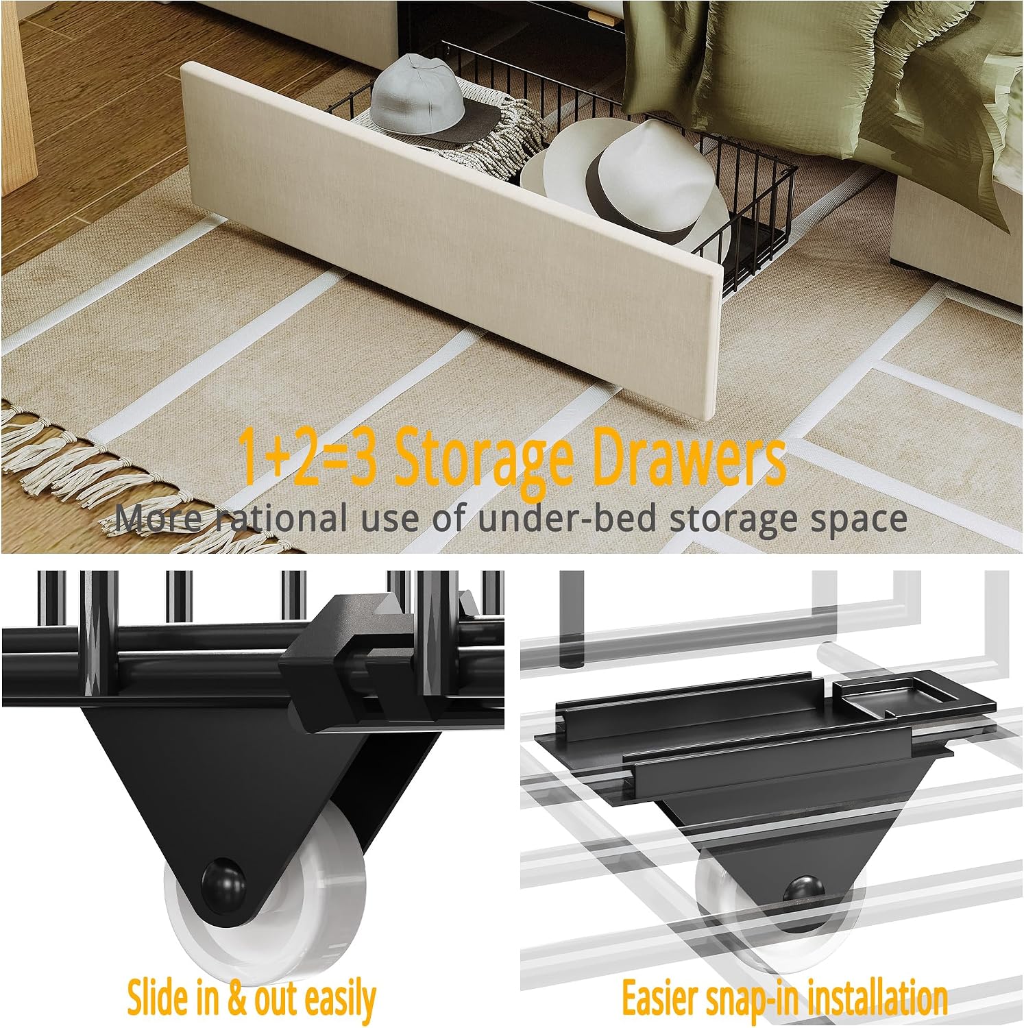 ANCTOR Full Size Bed Frame with 3 Drawers, Upholstered Platform Bed with Storage Headboard and Charging Station, No Box Spring Needed, Easy Assembly, Beige