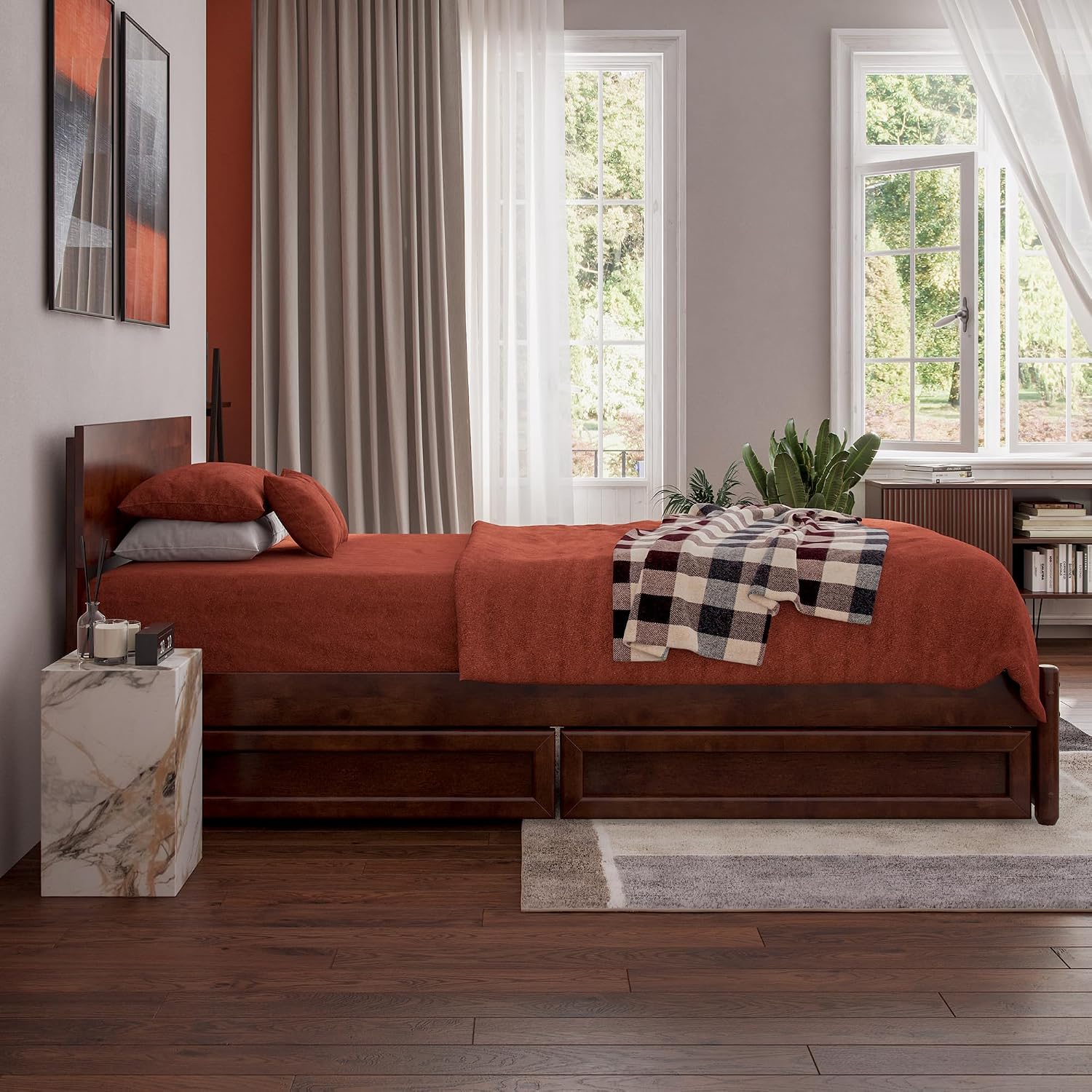 AFI, Wesley Twin XL Platform Bed with Panel Footboard & Storage Drawers, Walnut