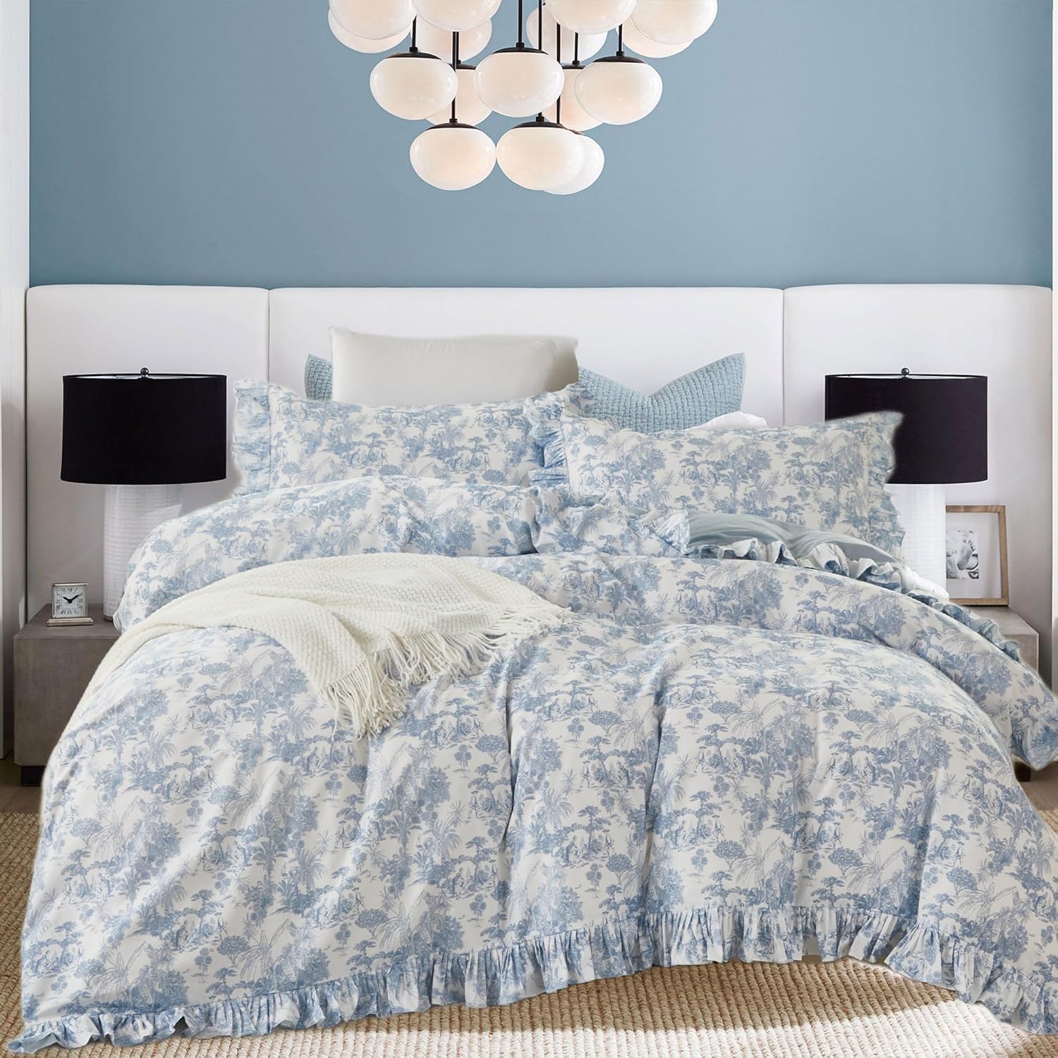 Brandream French Country Toile Duvet Cover Set Full Size for Girl Women 100% Cotton Luxury Cottagecore Bedroom Decor Blue French Toile Botanical Print Bedding with Romantic Ruffled Trim