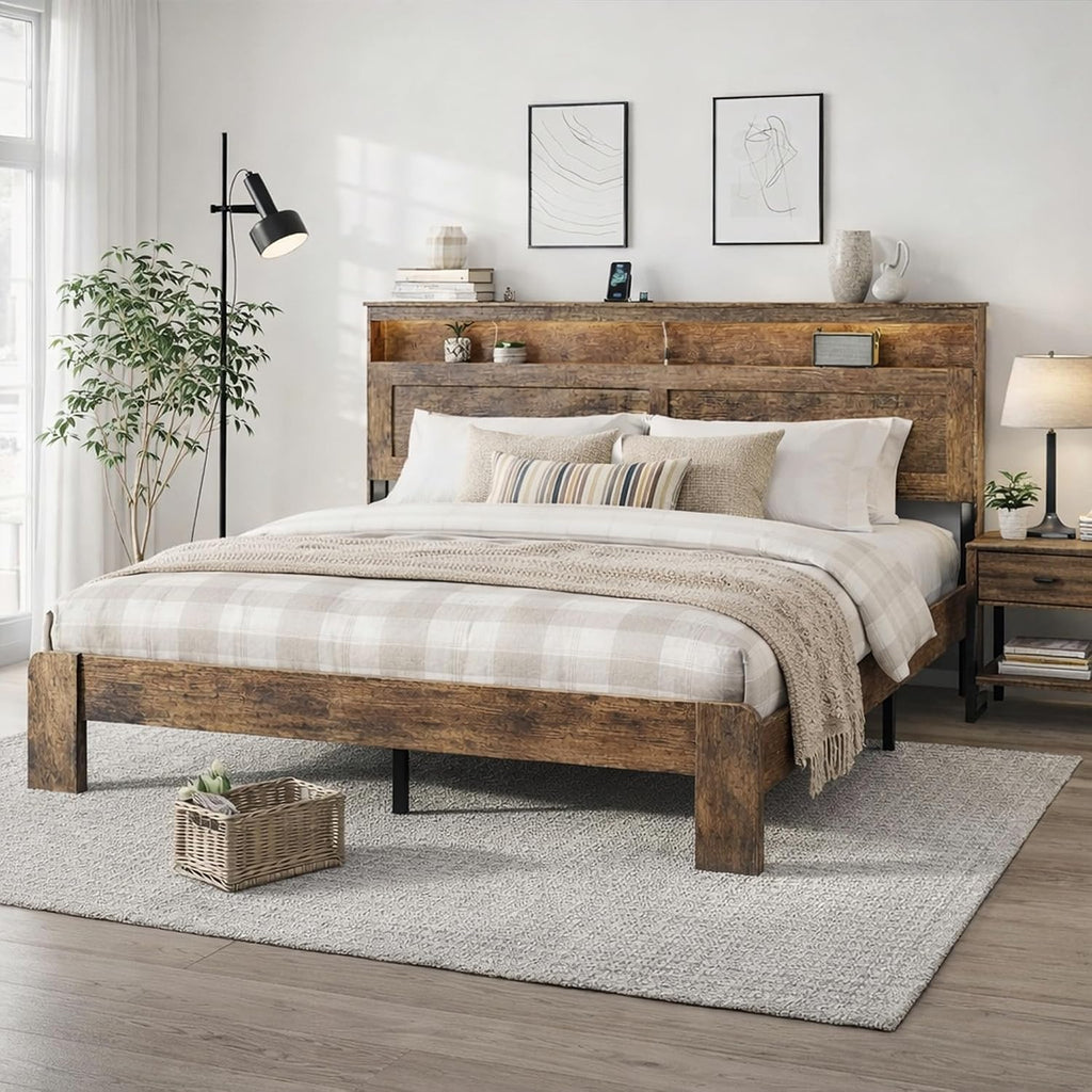 Wooden King Size Bed Frame with Headboard - Rustic Farmhouse Platform Bedframe with Metal Slat Support, Sturdy and No Noise, Easy Assembly (Rustic Brown, King)