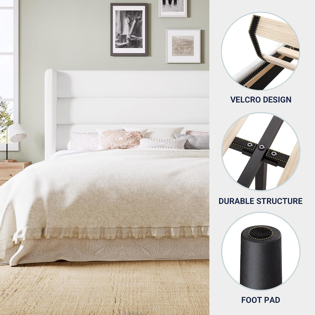 Allewie Full Size Platform Bed Frame with Velvet Upholstered Wingback Headboard, No Box Spring Needed, Under Bed Storage Space, Strong Wooden Slats, Modern Mattress Foundation, Easy Assembly, White