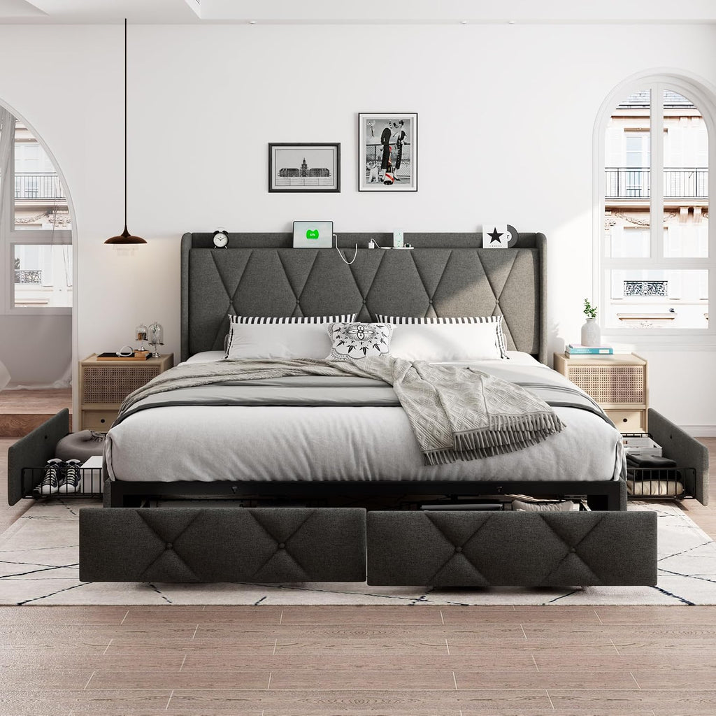iPormis King Size Bed Frame with 4 Storage Drawers, Upholstered Platform Bed Frame with Charging Station, Modern Wingback Storage Headboard, Easy Assembly, Dark Grey