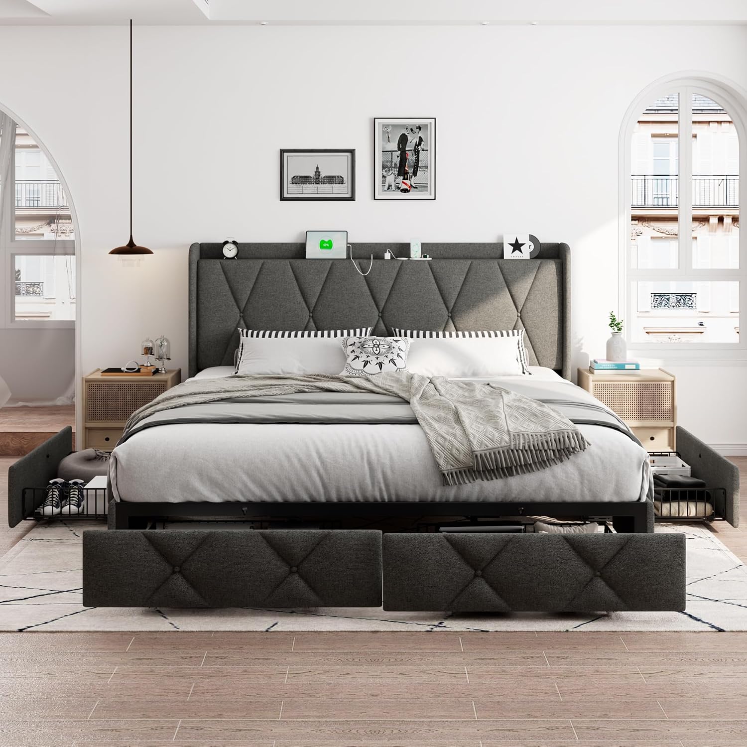 iPormis King Size Bed Frame with 4 Storage Drawers, Upholstered Platform Bed Frame with Charging Station, Modern Wingback Storage Headboard, Easy Assembly, Dark Grey