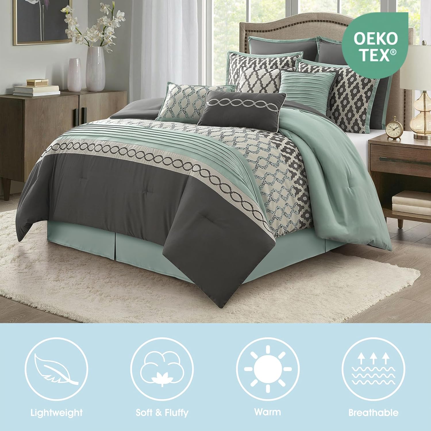 LANCO MODERN LIFESTYLE King Size Comforter Set, Blue Grey, 10 Piece Bed in a Bag for All Seasons, Luxury Extreme Comfort Bedding Sets with Bedskirt, Pillow Shams, Euro Shams and Decor Pillows