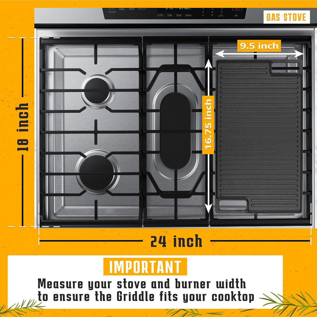 HeroFiber Cast Iron Reversible Grill/Griddle Set with Press, Scraper & Mitts - Pre-Seasoned, Non-Stick - 16.75'' x 9.5'' - Gas Stove, Grill, Camping, Outdoors, Black, OG7-18