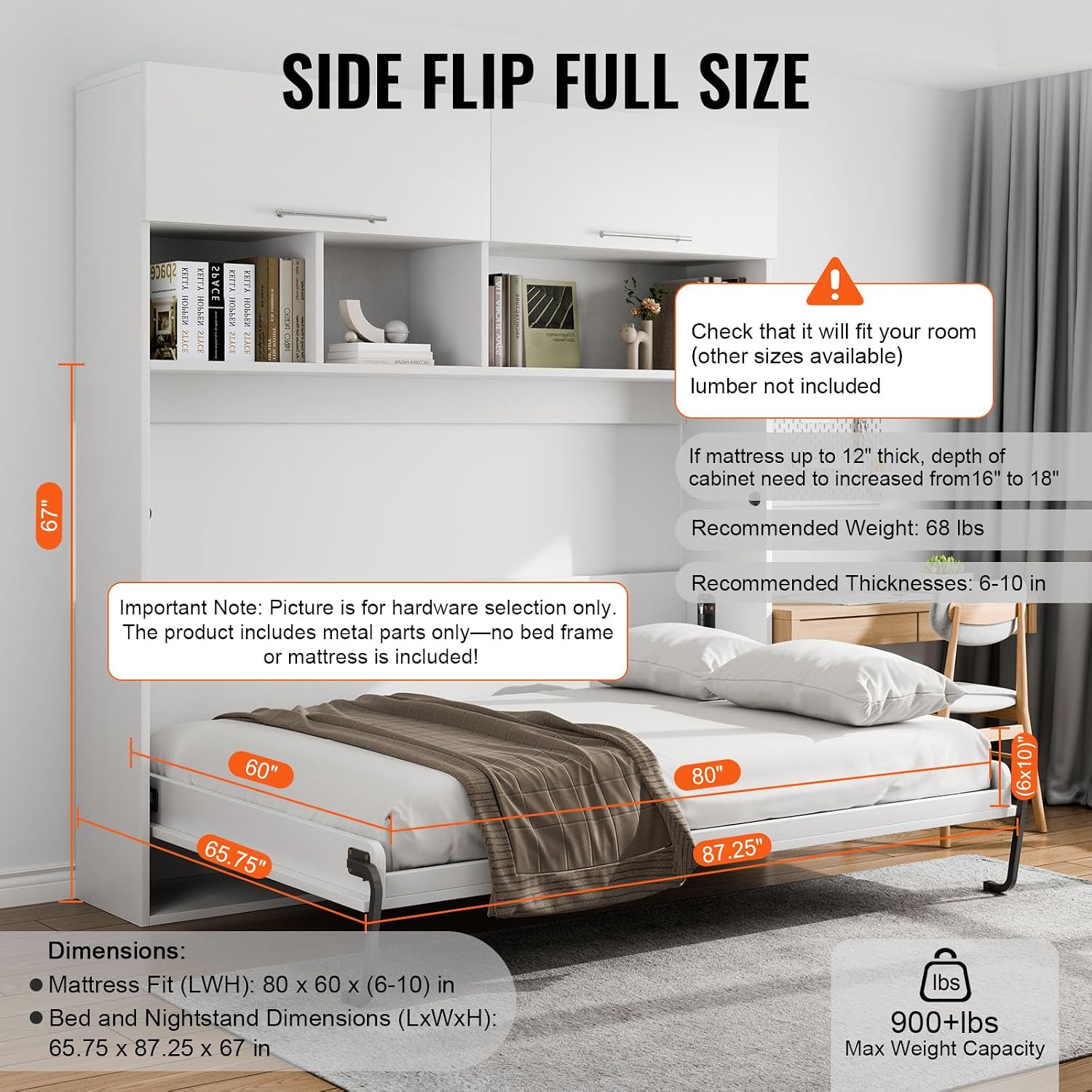 Happybuy Murphy Bed Kit, Queen Size, Deluxe DIY Wall Bed Mechanical Hardware Kit, Pneumatic Lever Heavy Duty Bed Frame Support, Folding Cabinet Wall Bed Space Saving Design for Guestroom