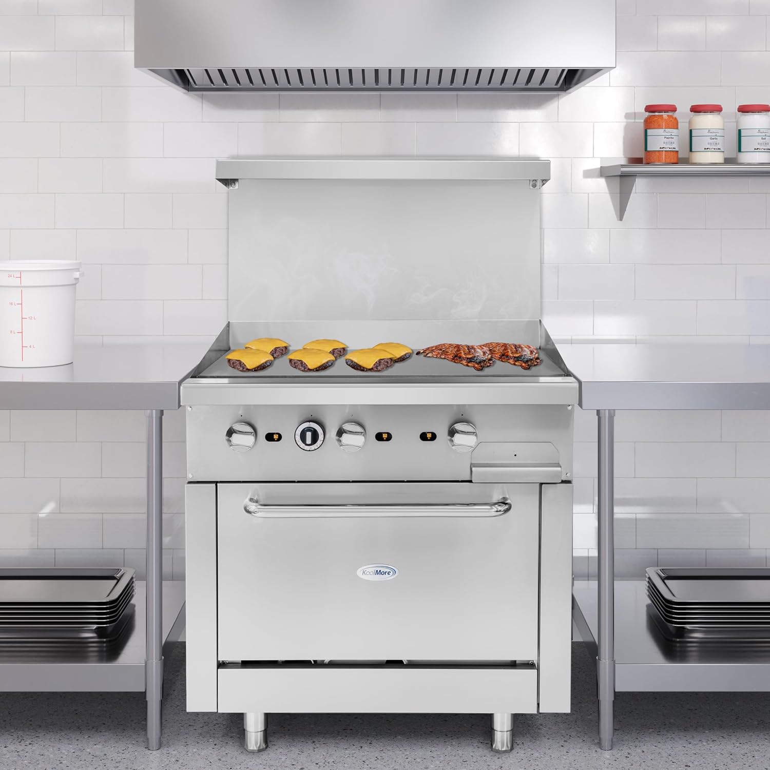 KoolMore 36 in. Commercial Natural Gas Oven with Full Griddle Top, Ceramic Coated Interior and Large Upper Shelf, 90000 BTU, CSA Listed in Stainless-Steel (KM-CRG36G-NG)