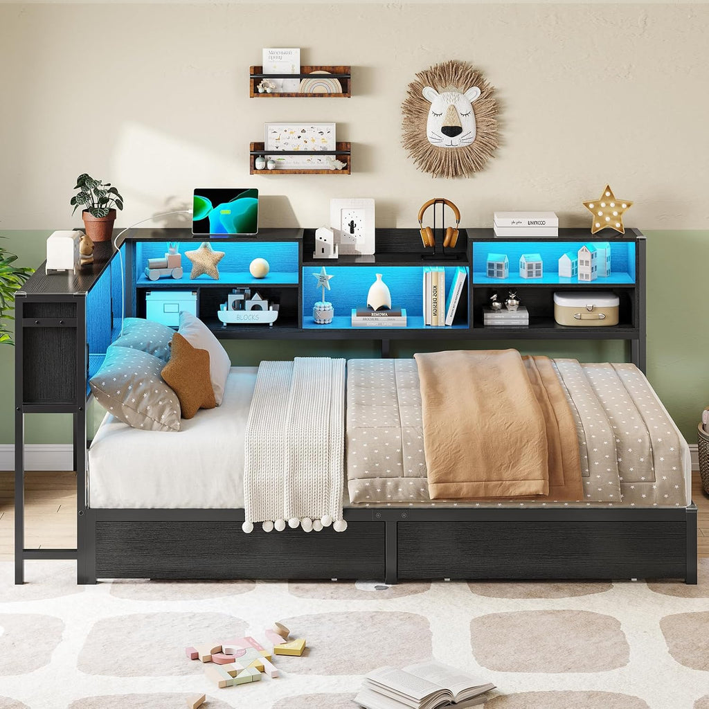 DICTAC Corner Twin Bed Frame with Bookcase Storage and Led Lights Metal Platform Bed Frame with 2 Drawers and Charging Station Twin Size Daybed for Kids/Teen with Storage,Kids Twin Bed,Black