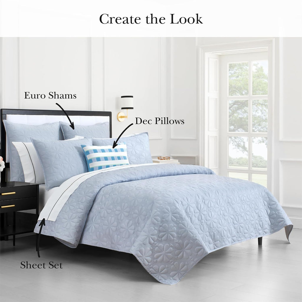 kate spade new york Spade Floral 2-Piece Twin Quilt Bedding Set, 100% Cotton Sateen Reversible Cover, All Season Warmth Bedding, Machine Washable, Halogen Blue