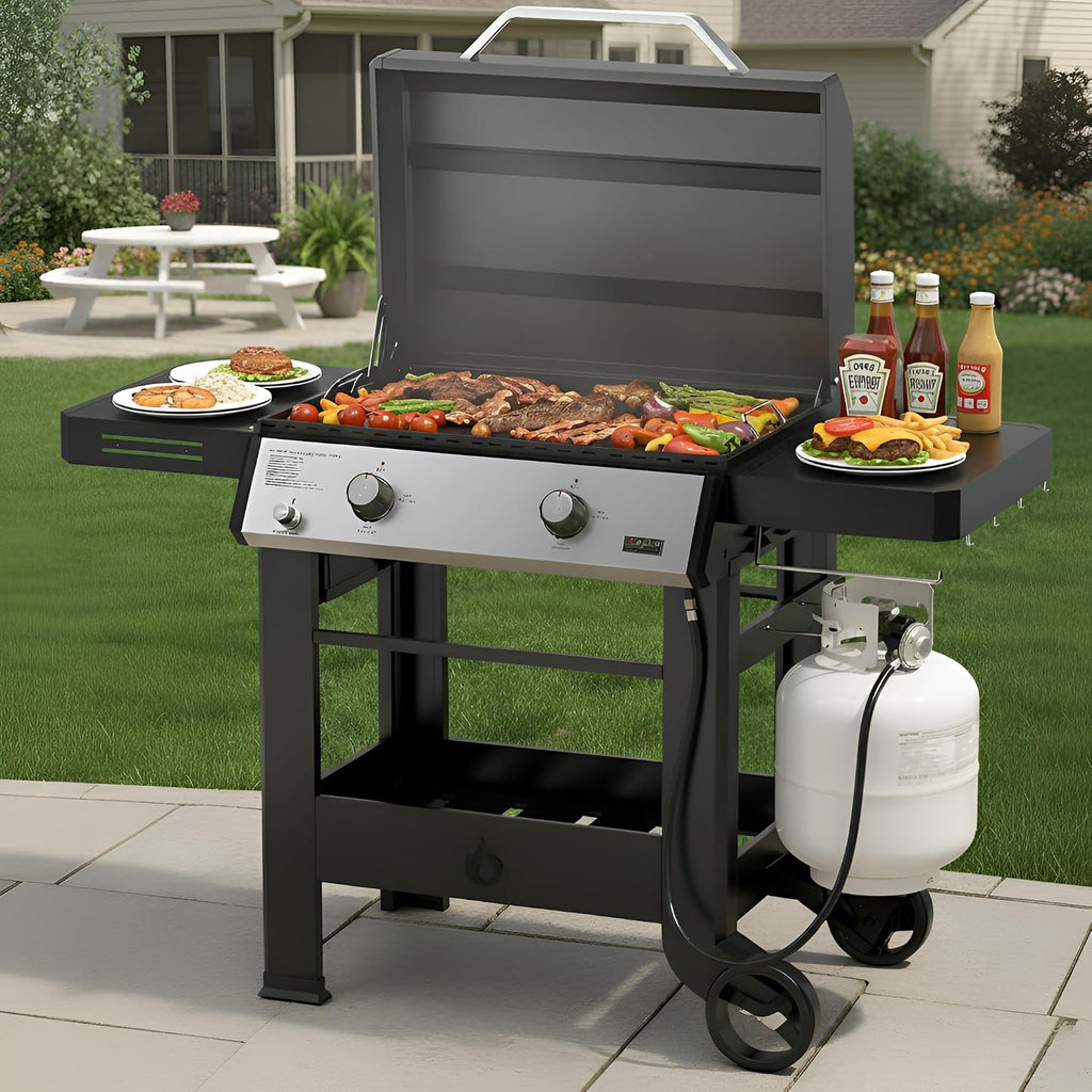 ONLYFIRE GRILLS Heavy Duty Propane Gas Griddle with Grill Cover, Premium 2-Burner Flat Top Gas Griddle with 518 sq.in Cooking Area, Foldable Side Tables, for Outdoor Patio Backyard BBQ Party, GS351