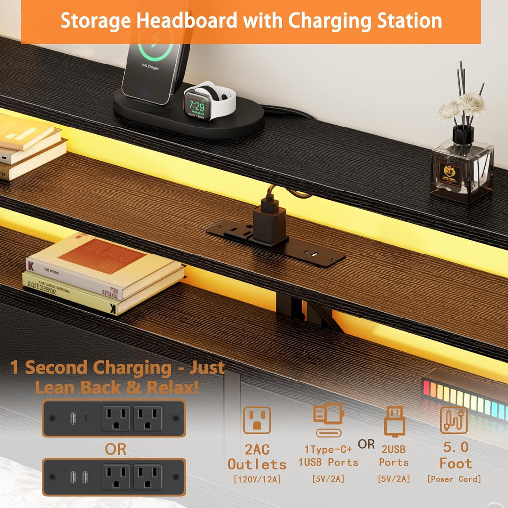 Furnulem Queen Bed Frame with Headboard, 3-Tier Storage Shelves & 2 Fabric Drawers, Built-in Charging Station & RGB LED Lights, Metal Slat Support, No Box Spring Needed, Easy Assembly, Black Oak