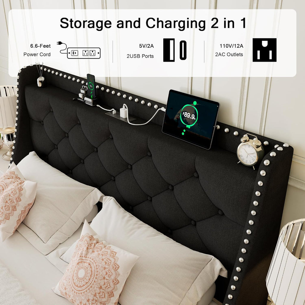 Einhomn Full Size Bed Frame with Wingback Button Tufted Storage Headboard and Type AC Ports, Upholstered Platform Bed, Wooden Slats Support, No Box Spring Needed, Noise-Free, Black