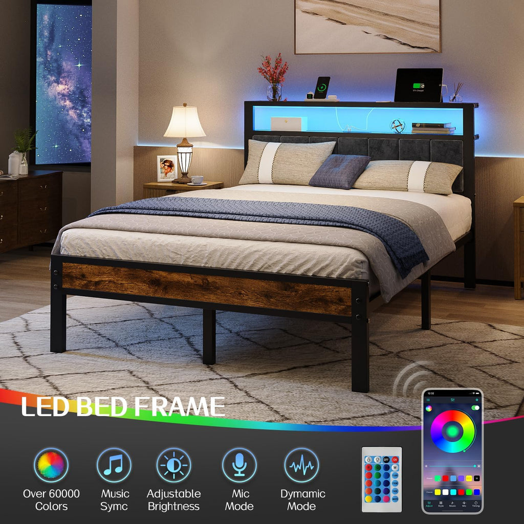 Liians Full Size Platform Bed Frame with LED Lights, Charging Station, Grey Upholstered Headboard with 2-Tier Storage Shelves, Noise Free, No Box Spring Needed