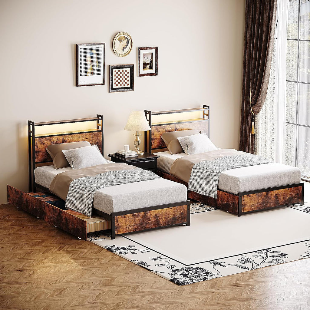 VINGLI Bed Frame Twin Size Set of 2with 4 Storage Drawers and Storage Headboard, Metal Platform with Charging Station and LED Lights, No Box Spring Needed, Easy Assembly, Vintage Brown