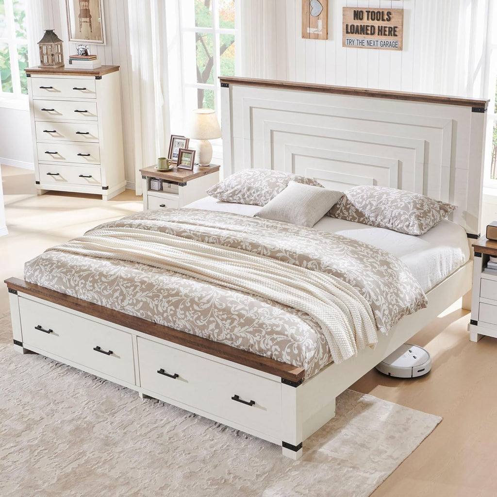 T4TREAM Farmhouse Queen Size Bed Frame with 54' Tall Geometric Headboard & 2 Large Storage Drawers, Rustic Wood Platform Bed with Wood Slats Support, No Box Spring Needed, Antique White