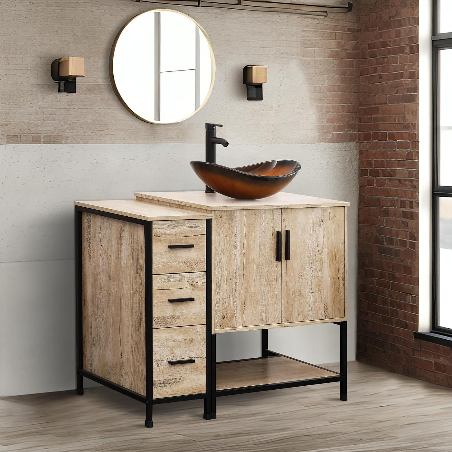 UEV 42' Rustic Oak Bathroom Vanity with Sink Combo,Industrial Iron Frame Bathroom Cabinet Sets with 3 Drawers Side Cabinet,Modern Brown Boat Tempered Glass Vessel Sink(029BR)
