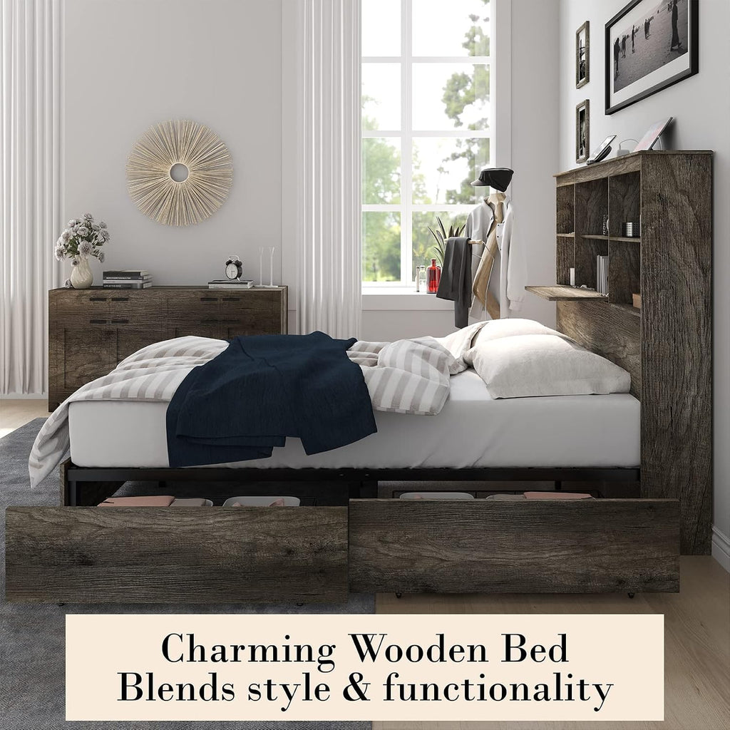 AMERLIFE Queen Size Bed Frame Wooden Platform Bed with 51.2' LED Storage Bookcase Headboard, 4 Storage Drawers & Charging Station/No Box Spring Needed/Noise Free/Rustic Grey