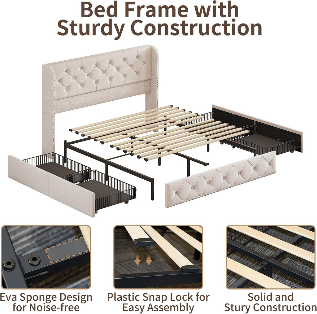 BRELTAM Queen Size Bed Frame with Storage Drawers and Wingback Headboard Linen Upholstered Platform Bed Frame Tufted Beds with Heavy Duty Wood Slats, Noise Free, Easy Assembly, Beige