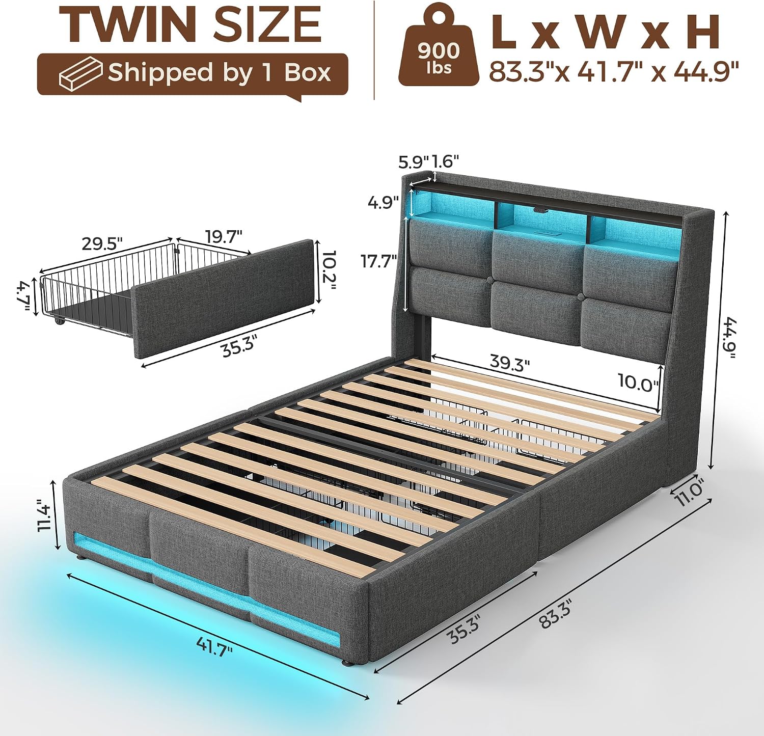 Rolanstar Twin Size Bed Frame with RGB LED Lights & Charging Station, Upholstered Storage Headboard with 4 Drawers, Heavy Duty Metal Frame, No Box Spring Needed, Easy Assembly, Light Grey