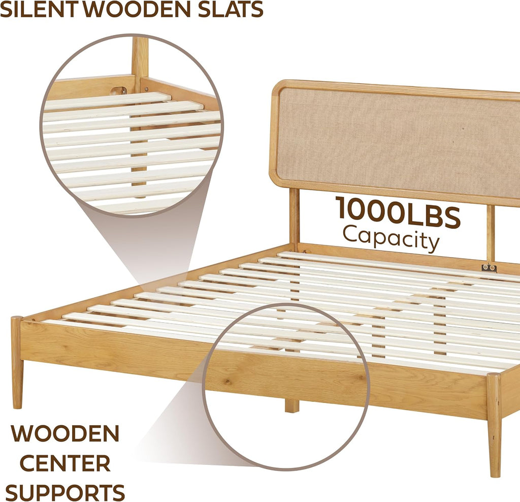 NTC Lupin Wooden Bed Frame with Headboard, Solid Oak and Rubber Wood Foundation with Silent Slats and Wood Central Supports, 1000 Lb Capacity (Rustic Oak, Queen)