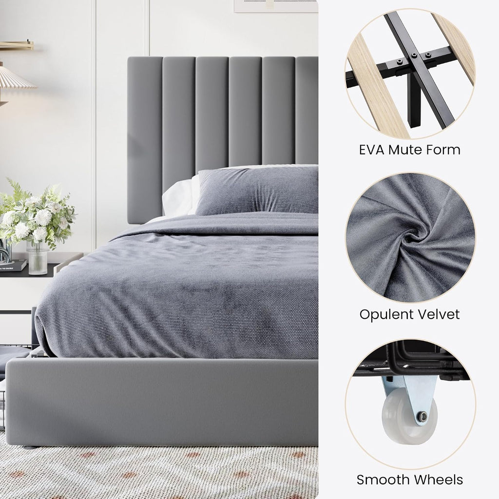 SHA CERLIN King Size Platform Bed Frame with 4 Storage Drawers, Vertical Channel Tufted Adjustable Headboard, Velvet Upholstered, Wooden Slats Support, No Box Spring Needed, Easy Assembly, Grey