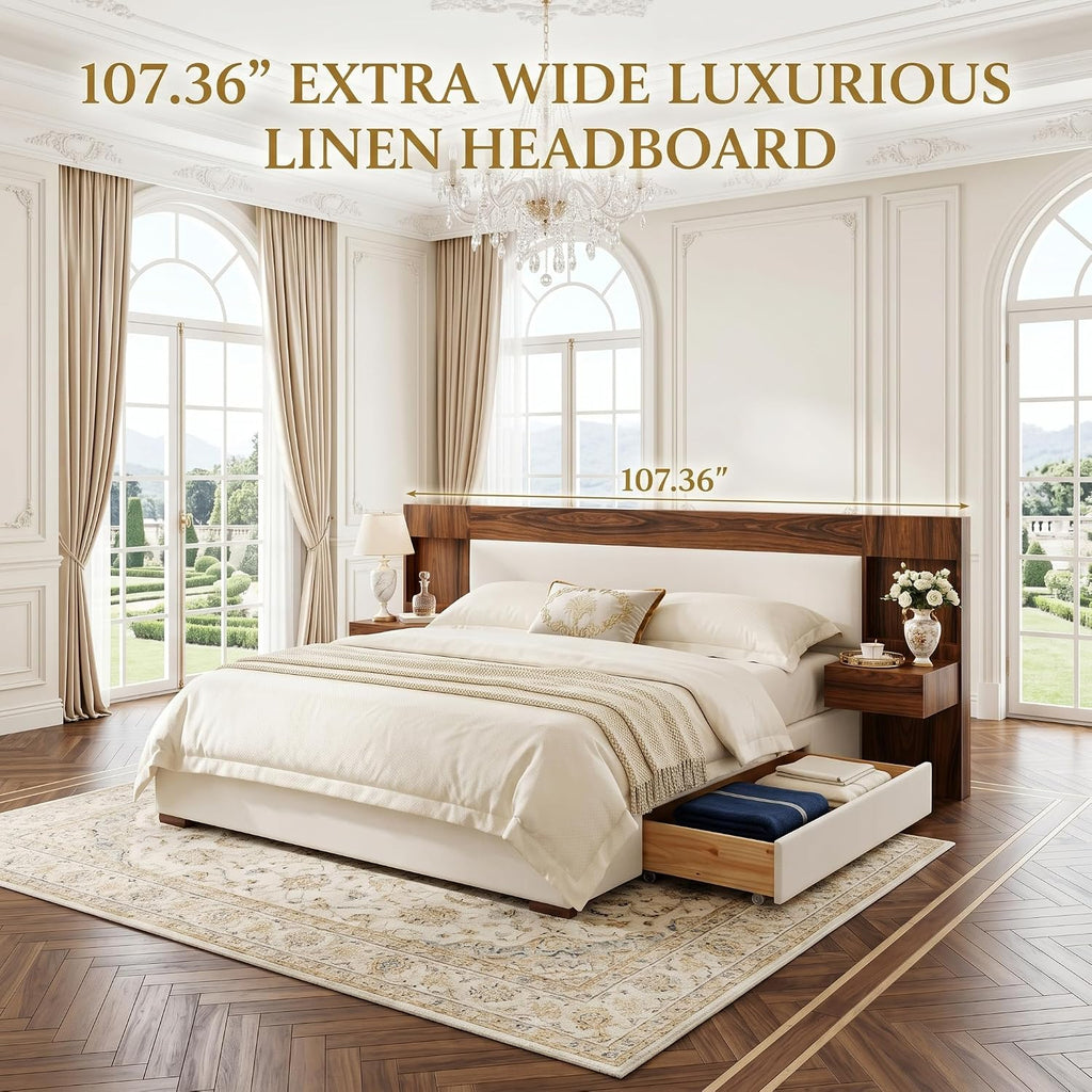 King Size Wood Bed Frame with Built-in Nightstands, Linen Platform Bed Frame with 2 Drawers, Natural Wood Grain & Luxury Upholstered Storage Headboard, No Box Spring Needed, Easy Assembly, Cream