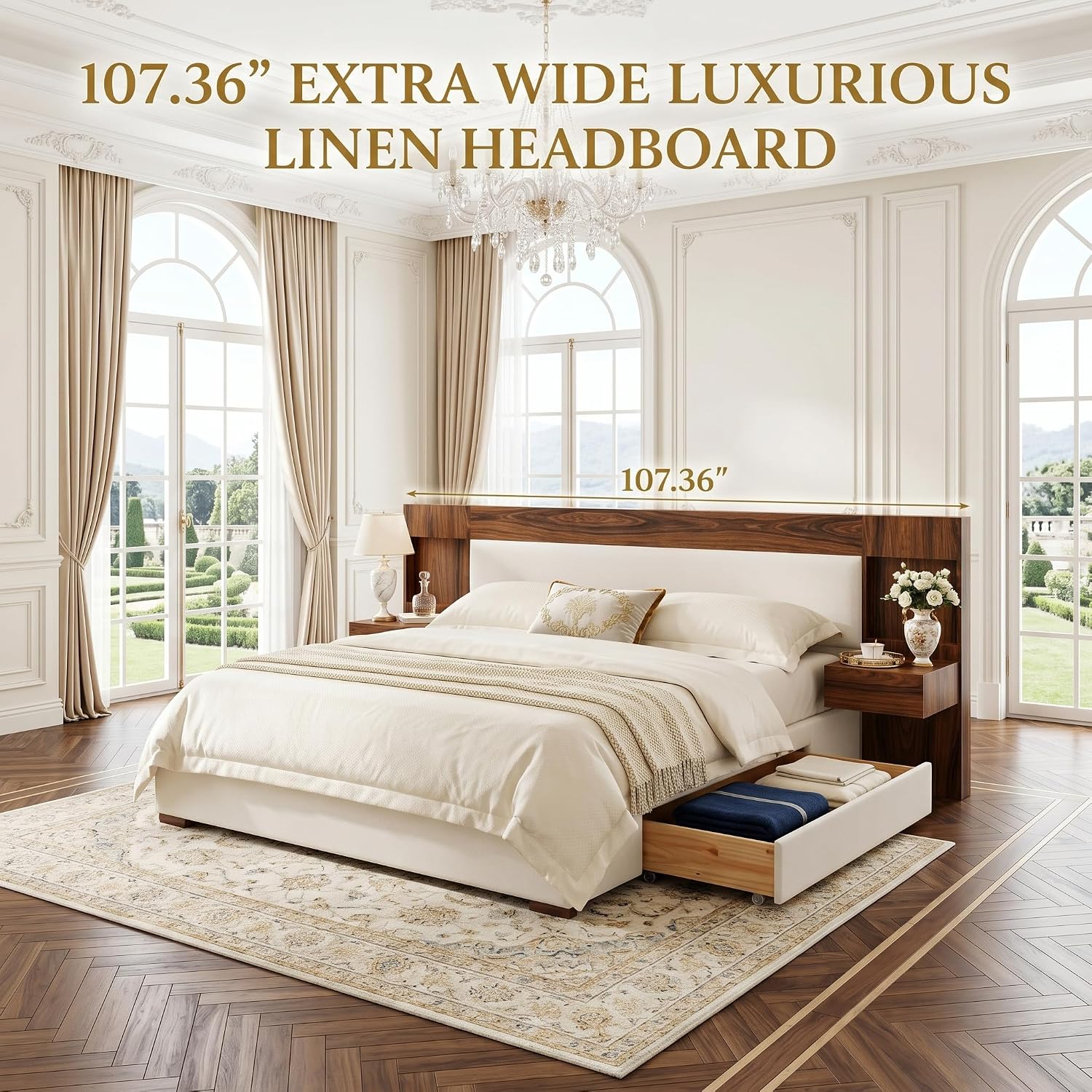 King Size Wood Bed Frame with Built-in Nightstands, Linen Platform Bed Frame with 2 Drawers, Natural Wood Grain & Luxury Upholstered Storage Headboard, No Box Spring Needed, Easy Assembly, Cream