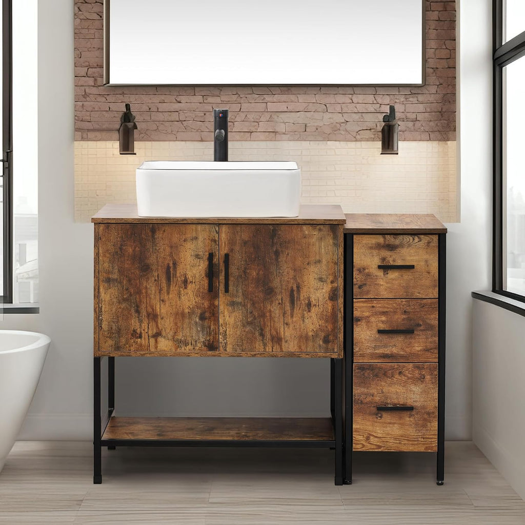 UEV 42' Rustic Brown Bathroom Vanity with Sink Combo,Industrial Iron Frame Bathroom Cabinet Sets with 3 Drawers Side Cabinet,Modern Artistic Ceramic Vessel Sink(031WH)