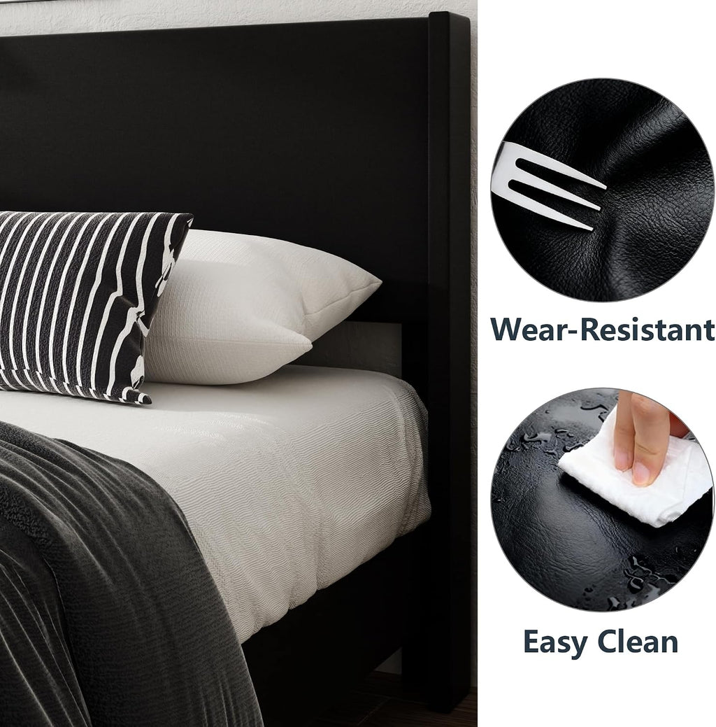 Queen Bed Frame with Faux Leather Upholstered Headboard, Wear-Resistant, Easy Clean, Mattress Foundation, No Box Spring Required, Easy Assembly, Black