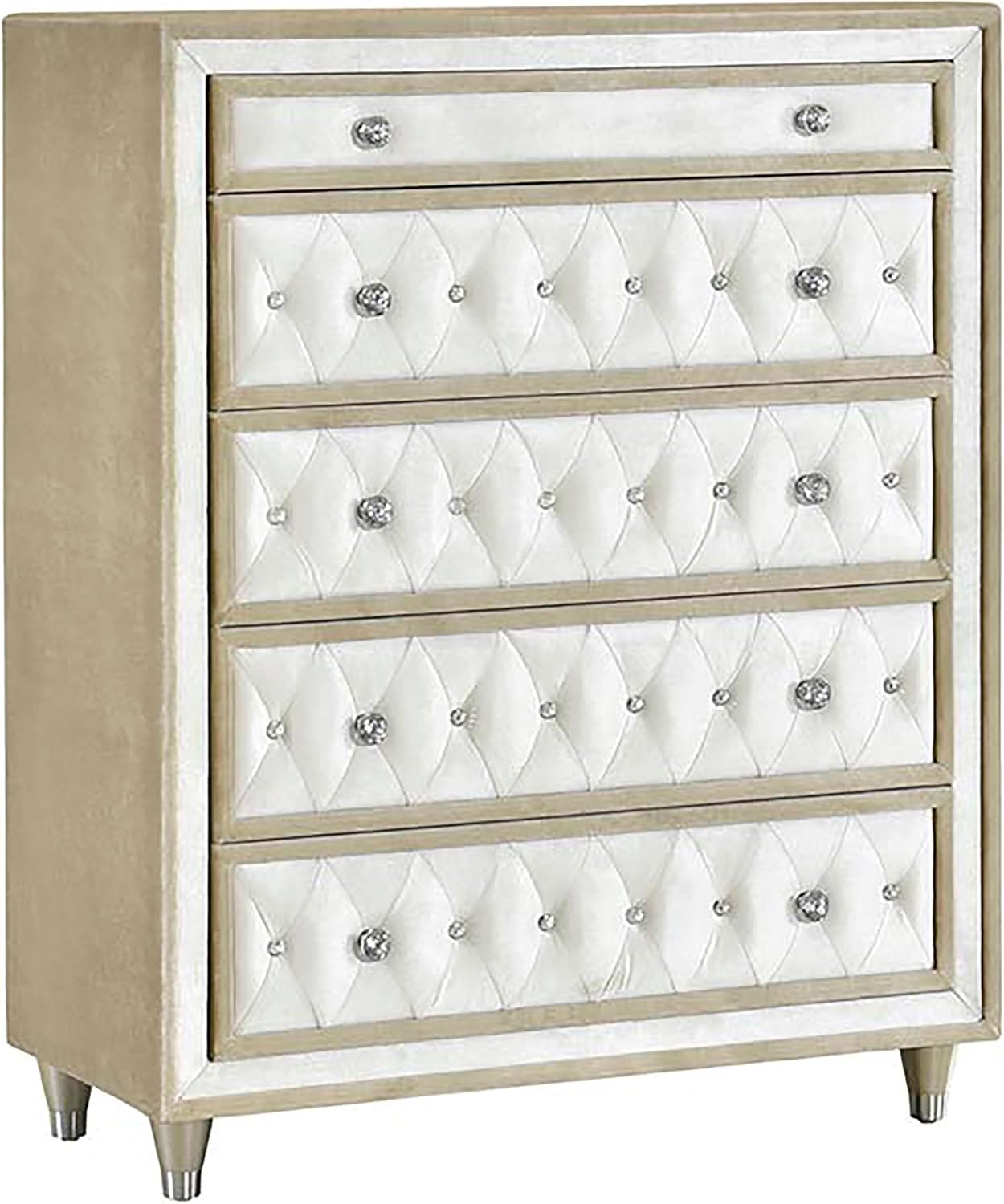 Coaster Home Furnishings Antonella Modern Classic 5-Piece Bedroom Set Velvet Upholstered Eastern King Size Panel Bed Frame 79-inch Headboard Ivory and Camel 223521KE-S5